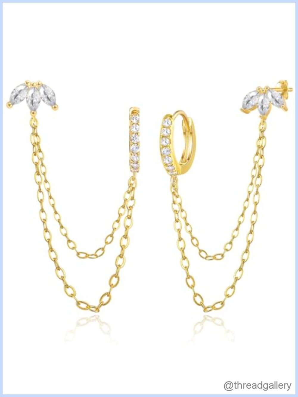 Sterling Silver Gold Plated Trinity Cubic Zirconia Stud Chain Earrings
